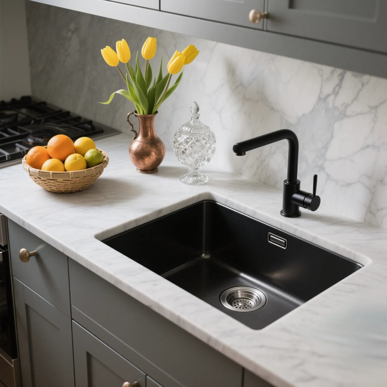 Minimalist black kitchen island with rectangular stainless steel sink, silver faucet, bright windows, white walls, and small plant decoration